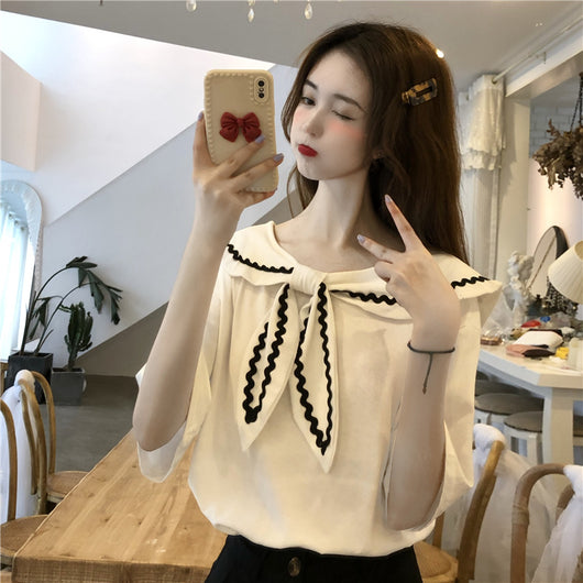 Blusa Preppy Cuello Marino Manga Corta - Estilo Chic y Versátil - Image 10
