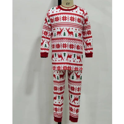 White long-sleeved pajama set with red and green Fair Isle Christmas pattern featuring reindeer and trees. - Image 11