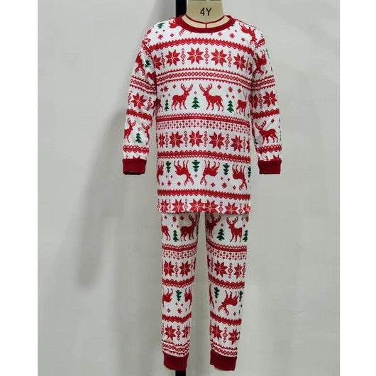 White long-sleeved pajama set with red and green Fair Isle Christmas pattern featuring reindeer and trees. - Image 11