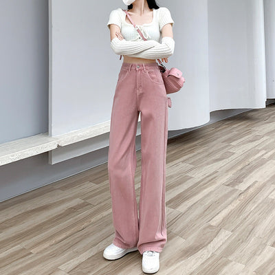 Pantalón Denim Rosa Palo Talle Alto Efecto Esbeltecedor Pierna Ancha Recta - Image 4