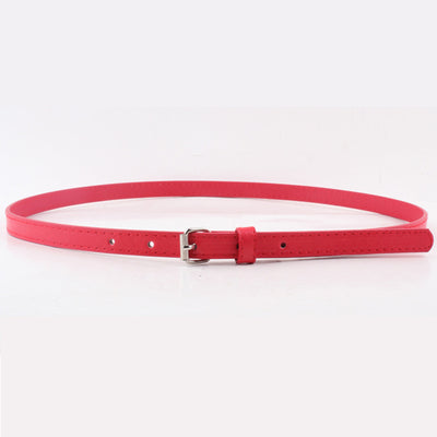 Thin brown imitation leather belt with a small silver D-shaped pin buckle, displayed on a white background. - Image 24