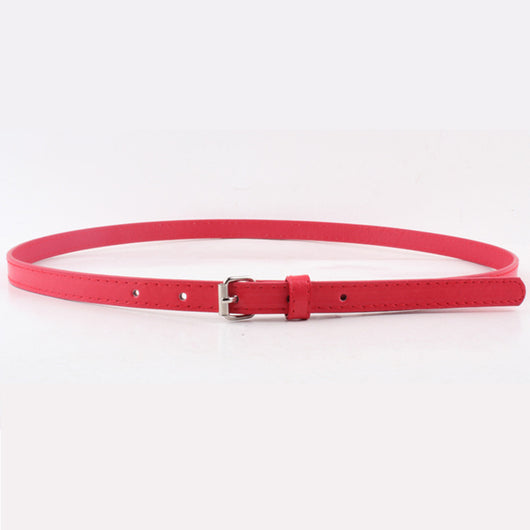 Thin brown imitation leather belt with a small silver D-shaped pin buckle, displayed on a white background. - Image 24