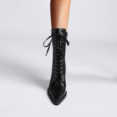 Botas Tacón Grueso Retro con Patrón de Piedra y Cordones - Estilo Fashion - Image 19
