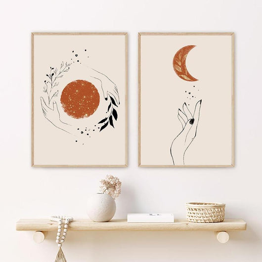 Arte Abstracto Nórdico Moderno con Sol y Luna en Línea Dorada - Image 8