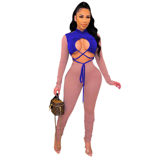Jumpsuit Elegante de Manga Larga con Detalles Calados y Combinación de Colores - Image 3