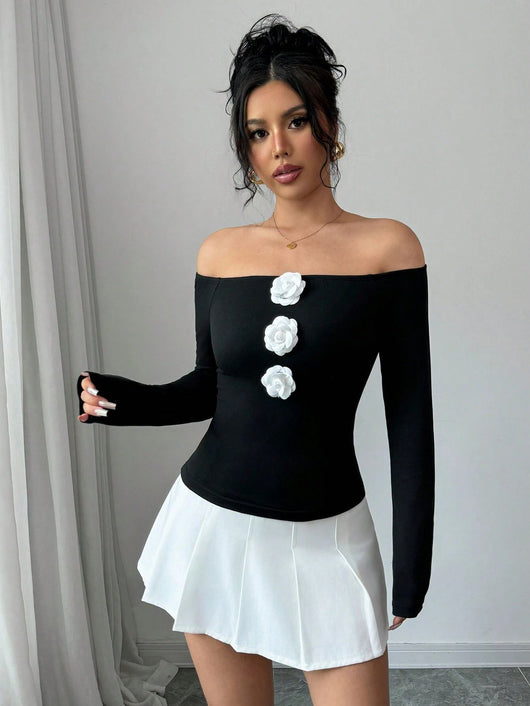 Blusa Floral Hombros Descubiertos Ajustada Manga Larga - Image 10