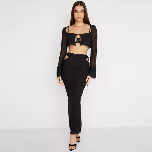 Blusa Cropped de Encaje y Gasa con Cuello Cuadrado y Manga Larga - Image 15