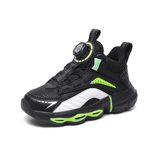 Black, white, and neon green children's basketball shoes with rotating buckle closure, featuring a mid-top design. - Image 5