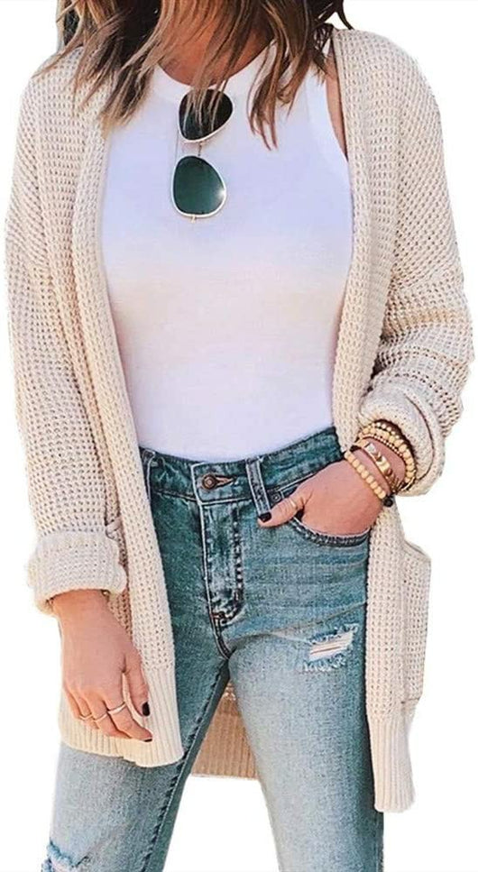 Cardigan Tejido Waffle con Bolsillos y Cuadros en Colores Lisos - Image 5