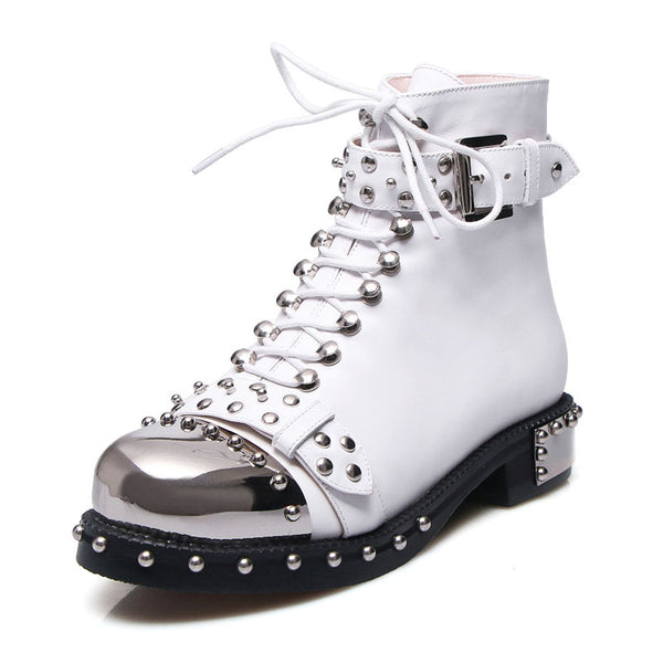 Botas Cortas de Tacón Bajo con Remaches Estilo Motociclista
