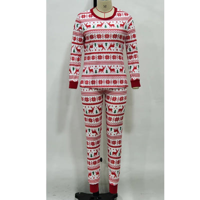 White long-sleeved pajama set with red and green Fair Isle Christmas pattern featuring reindeer and trees. - Image 7