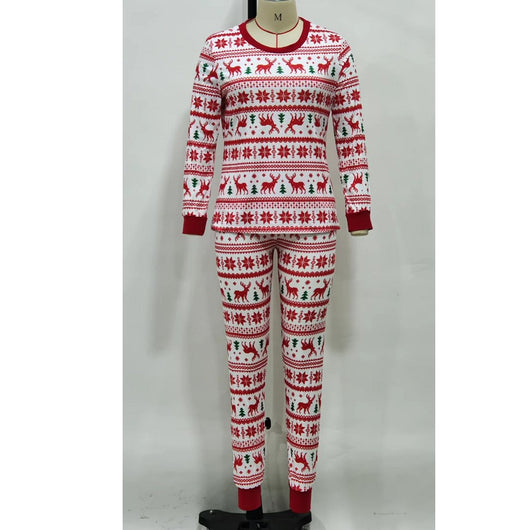 White long-sleeved pajama set with red and green Fair Isle Christmas pattern featuring reindeer and trees. - Image 7