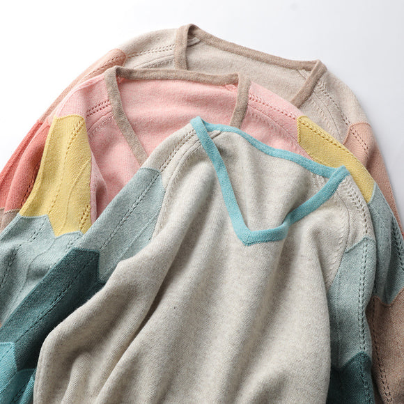 Suéter de Lana con Contraste de Colores para Mujer - Cuello V Térmico