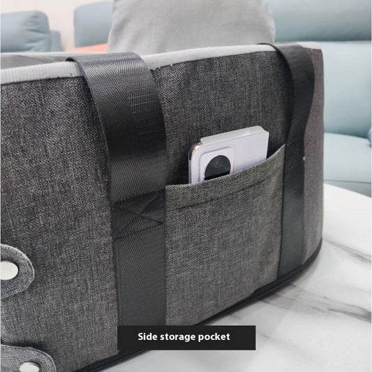 Dark gray portable pet car bed with white paw print and bone patterns, soft gray interior, and black straps. - Image 2