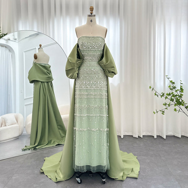 Vestido de Noche Satinado con Cuentas y Hombros Descubiertos