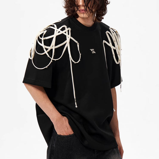 Camiseta Manga Corta con Hombrera Acolchada y Detalle de Cinta
