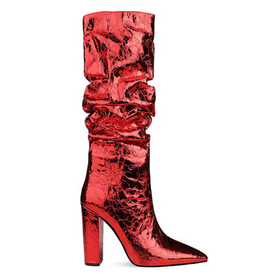 Botas Tacón Alto Grueso Caña Ancha Talla Grande con Patrón Piedra Metálica - Image 6