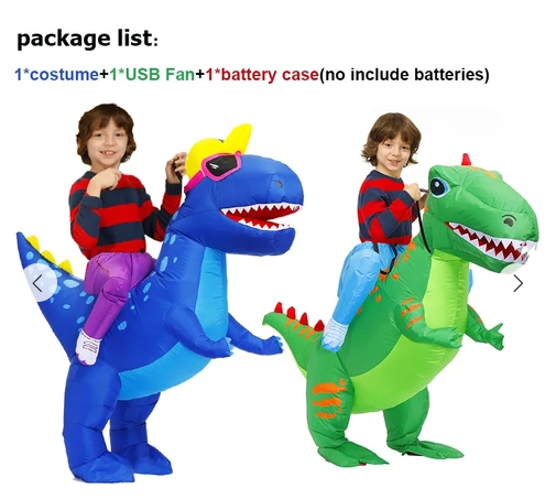 Young boy in an inflatable blue dinosaur costume with a yellow cap and pink goggles, next to a fan and battery pack. - Image 4