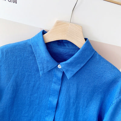 Camisa de Lino Azul Suelta - Comodidad Natural - Image 56