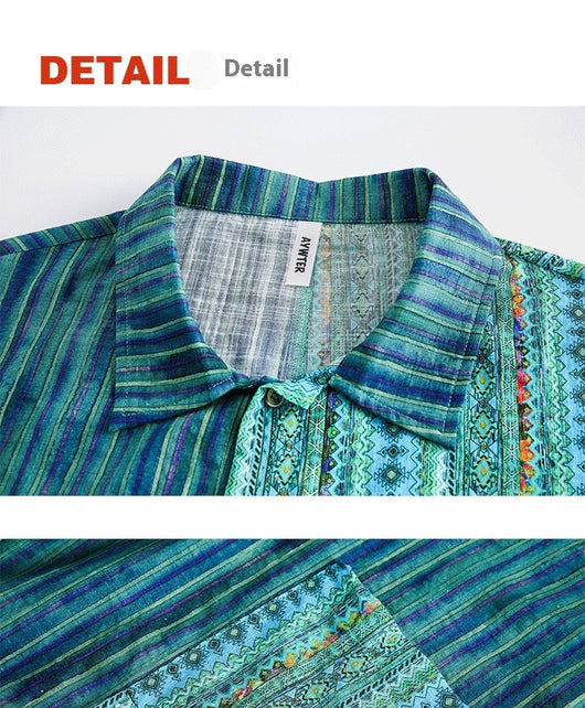 Camisa Suelta Hombre Rayas Étnicas Patchwork Manga Corta Retro - Image 11