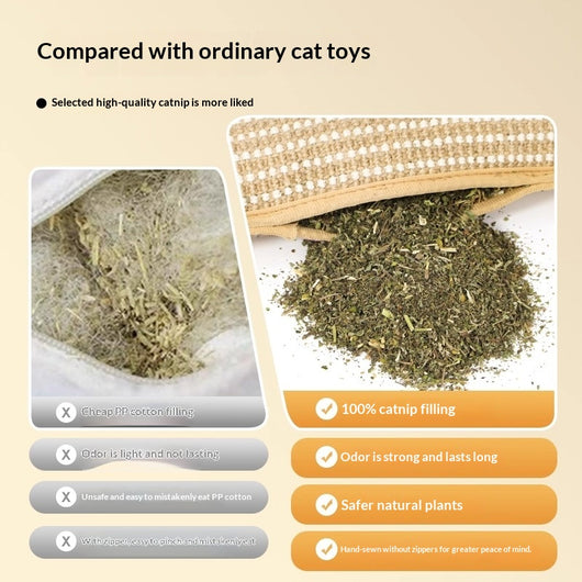 Beige and off-white woven catnip pillow toy, 34cm long and 9.5cm wide, with soft beige trim. - Image 2
