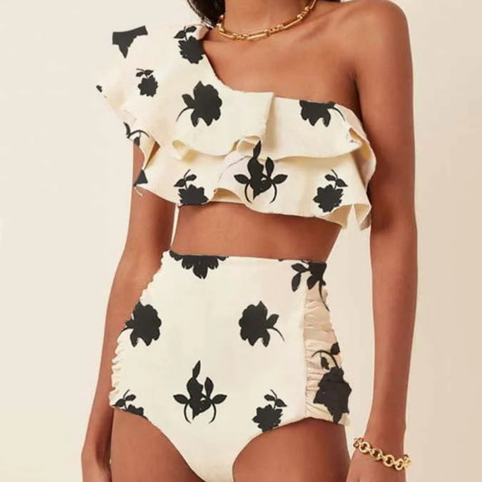 Bikini de Cintura Alta con Hombro Descubierto y Volantes Estampado