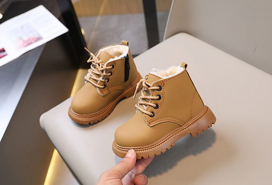 Black children's fashion Martin boots with laces and a side zipper, featuring a thick rubber sole. - Image 41