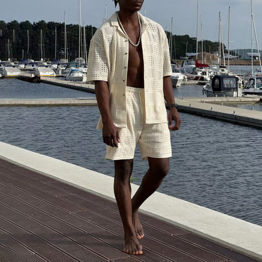 Conjunto de Camisa Hueca con Solapa y Shorts Sueltos para Hombre - Image 10