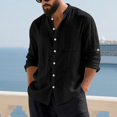 Camisa de Lino Transpirable para Hombre con Cuello Mao y Manga Larga - Image 7