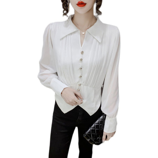 Blusa Casual de Gasa Manga Larga con Solapa Plisada para Mujer - Image 2