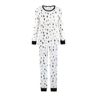White long-sleeve pajama set with black and brown Christmas tree print, featuring black cuffs and collar. - Image 3