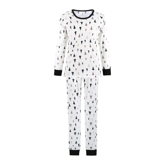 White long-sleeve pajama set with black and brown Christmas tree print, featuring black cuffs and collar. - Image 3