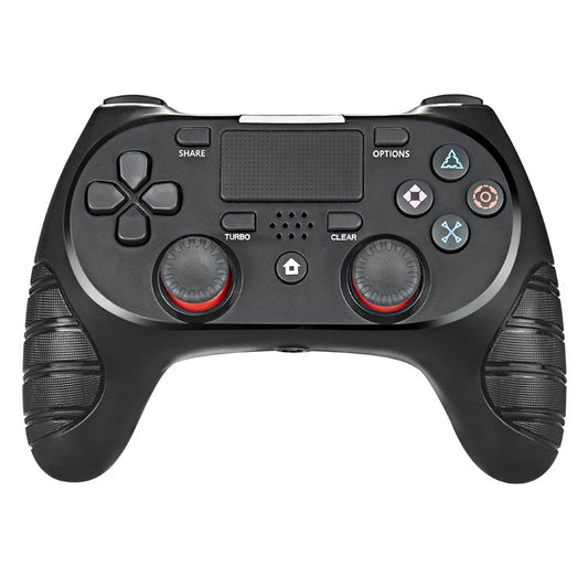 Black wireless game controller for PS4 with red joysticks, textured grips, and standard control buttons.
