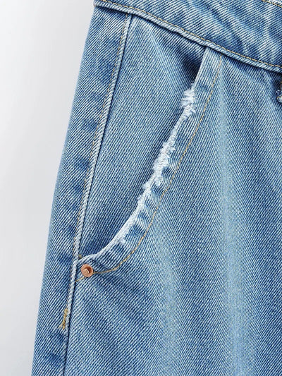 Jeans Azul Lavado Talle Alto Pierna Ancha con Bolsillos Decorados para Mujer - Image 10