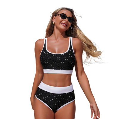 White eyelet two-piece bikini with black trim, featuring a scoop neck top and high-waisted bottoms. - Image 8