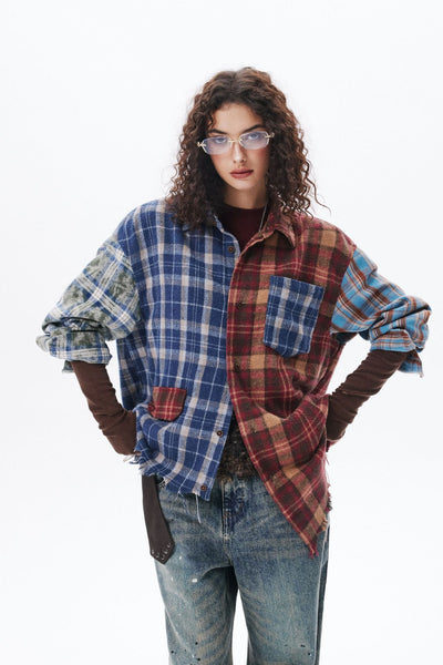 Camisa de Manga Larga Estilo Retro Americano con Diseño de Cuadros y Costuras - Image 29