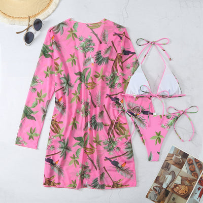 Milky white floral print three-piece swimsuit with triangle bikini top, v-cut bottom, and sheer long-sleeve cover-up. - Image 27