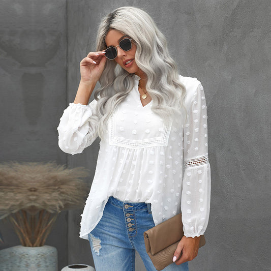 Blusa Elegante con Cuello V y Mangas Abullonadas con Detalles de Pelotitas