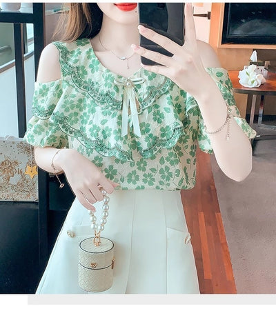 Blusa Chiffon Floral Hombro Descubierto - Camisa Romántica de Manga Corta - Image 9