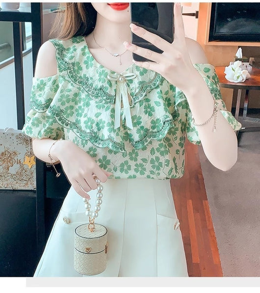 Blusa Chiffon Floral Hombro Descubierto - Camisa Romántica de Manga Corta - Image 9