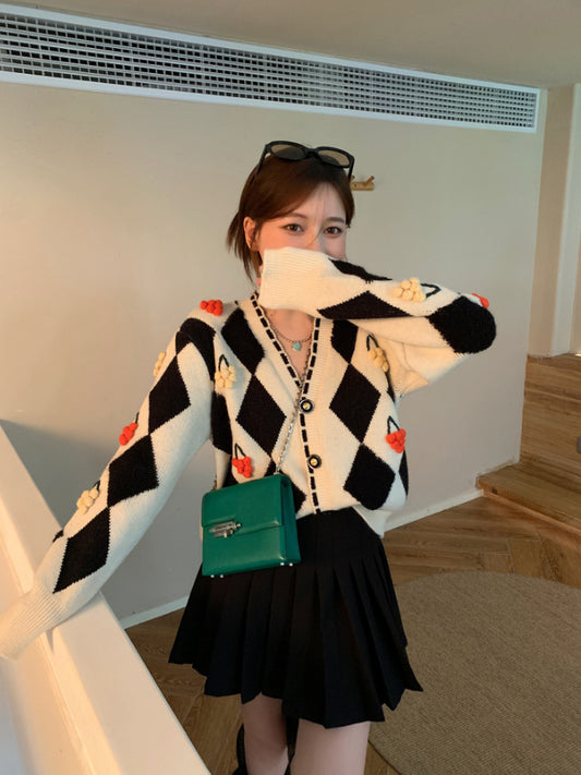 Cardigan Tejido Cuadros 3D Cuello V Manga Larga Oversized