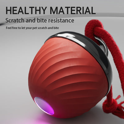 Red and black smart interactive pet toy ball with a textured swirl pattern and an attached red rope. - Image 14