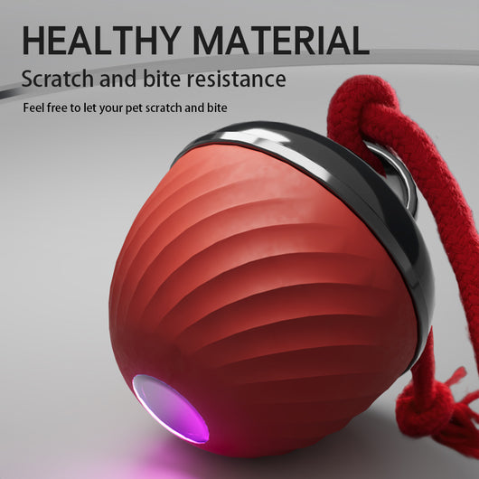 Red and black smart interactive pet toy ball with a textured swirl pattern and an attached red rope. - Image 14