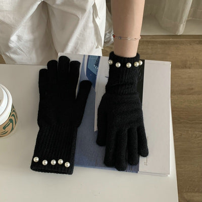 Guantes Tejidos Cálidos con Perlas en Colores Sólidos - Image 11