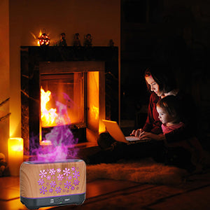 Wood grain humidifier with snowflake pattern, emitting blue flame-like mist, shown with remote control and other color options. - Image 14