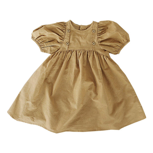 Vestido Retro Infantil de Cintura Alta con Mangas Abullonadas