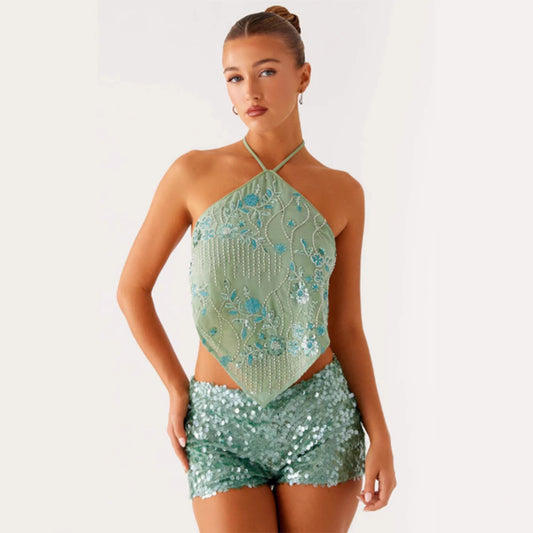 Blusa Elegante con Lentejuelas, Bordados y Espalda Descubierta