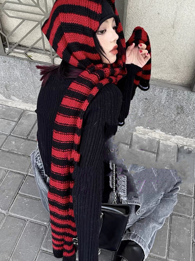 Bufanda Harajuku Punk Rayas Gris Rojo Negro - Image 10