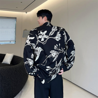 Camisa Negra Hombre Manga Larga Suelta Estampado Floral - Image 7