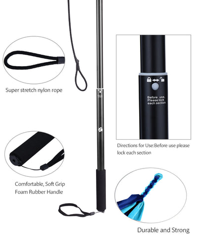 Black telescopic pet training rod with a black cord and two interchangeable braided fabric attachments in green/yellow and blue. - Image 15